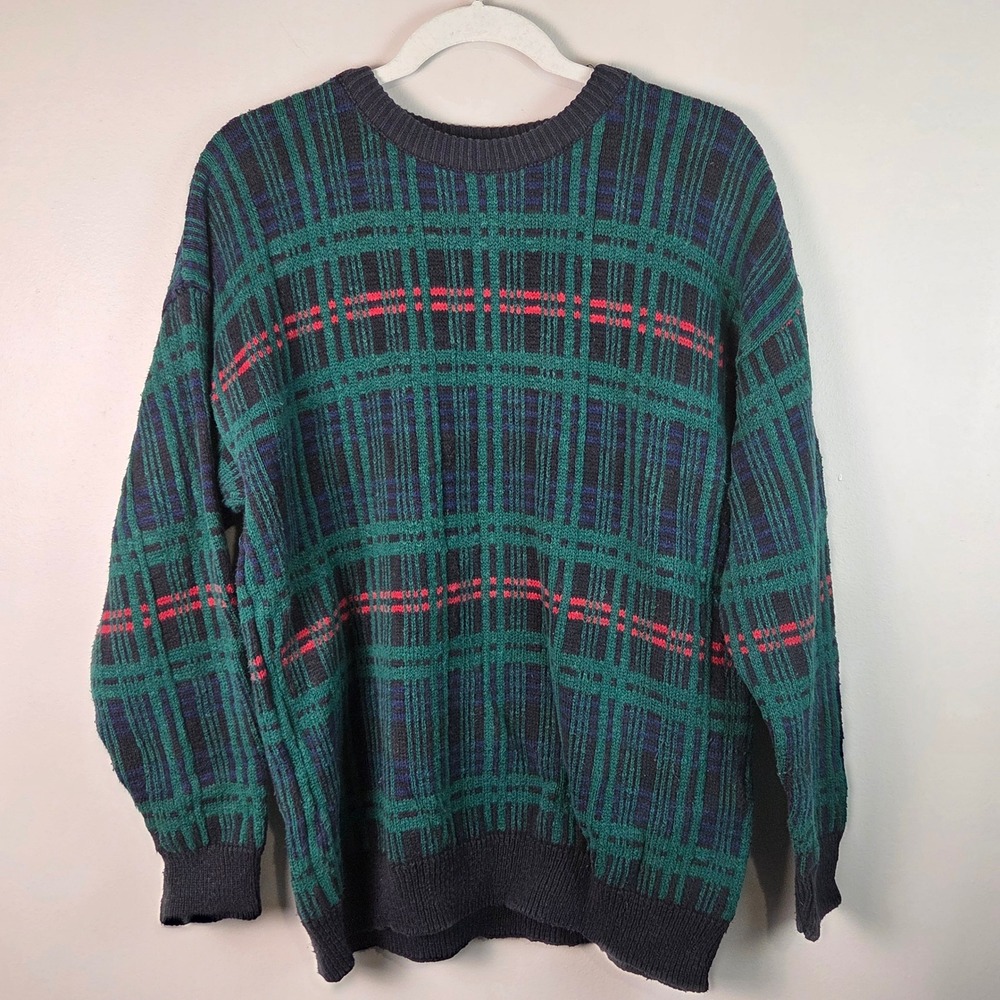 Donagain Sweater Mens L Green Plaid Good Vintage Cotton Crewneck Made in USA